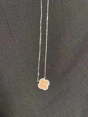 Delicate Pink Flower Pendant Necklace - Silver Tone
